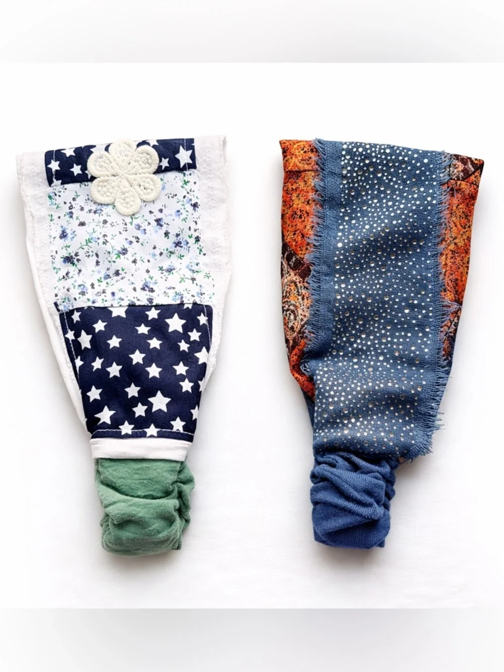 Bohemian Hippie Patchwork Wide Headbands Duo Fits All Rhinestone Cotton Linen
